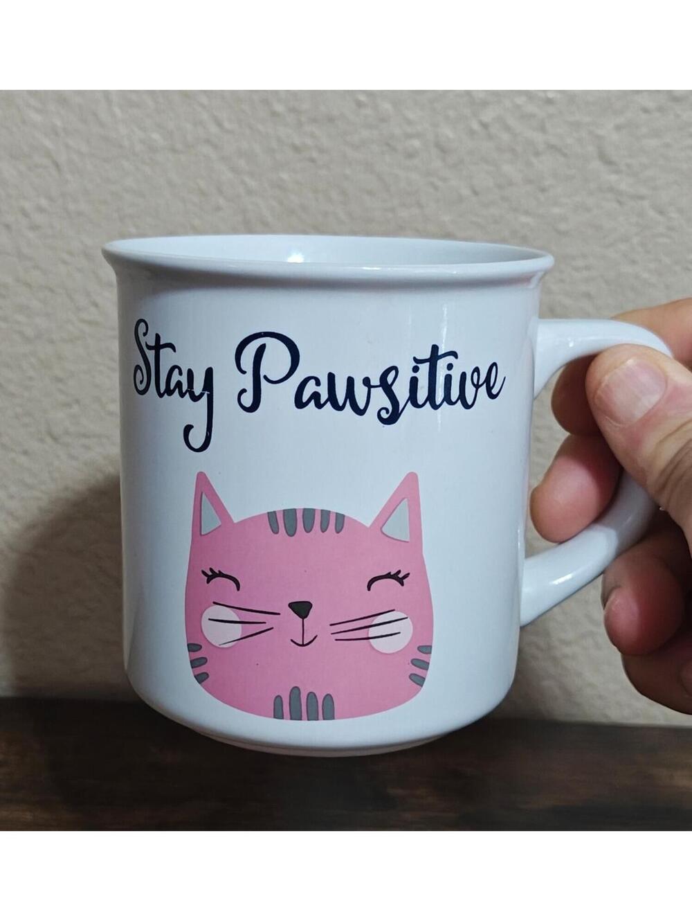 Stay Pawsitive Ceramic white & Pink Cat Mug